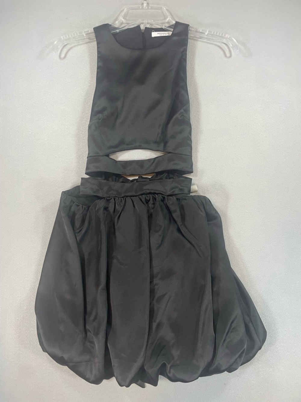 Peppermayo Black Satin Bubble Mini Dress Cut Out Bow Button Accents - 2